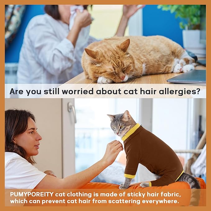 PUMYPOREITY Cat Hair Sticky Sweater, Recovery Suit - Breathable & Lightweight for Post-Surgery Protection, Cat Onsie Prevents Licking Wounds, Brown, XL