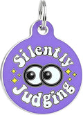 Bad Tags Personalized Dog and Cat ID Tags in 25+ Designs and 2 Sizes - 5 Lines of Custom Engraved Text - Funny Cute Personalized Pet Tags (Silently Judging - Purple, Large (1.25 inch))