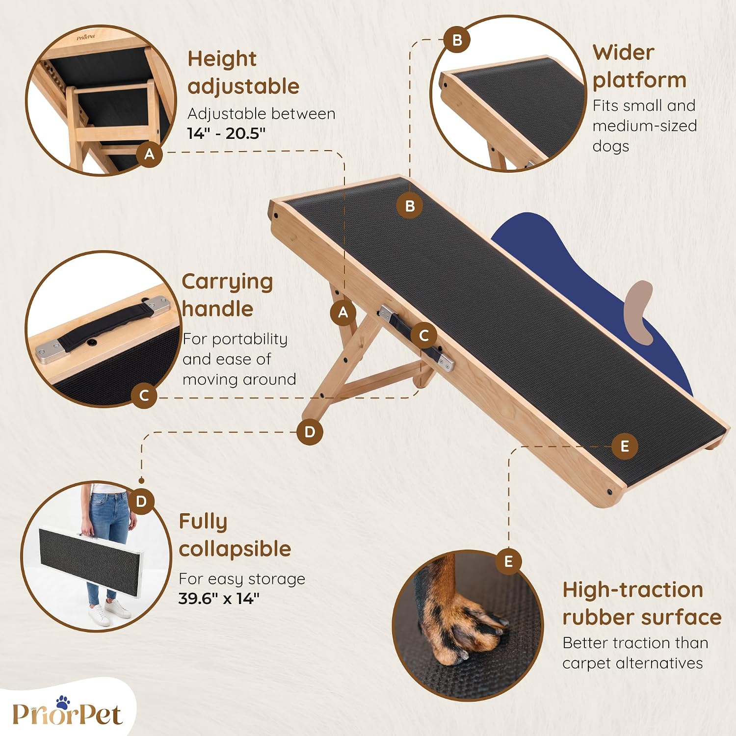 Dog Ramp for Couch – Non-Slip, Sturdy Build Foldable Wooden Dog Ramp – Supports up to 200 lbs – 7 Adjustable Heights (14"–20.5") – Enhanced Stability – Birchwood Pet Ramp for Small Dogs – Natural