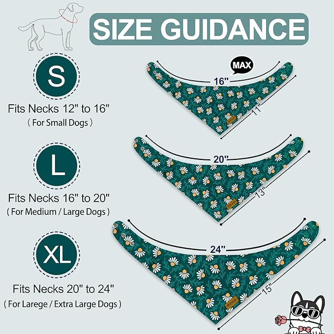 Spring Dog Bandanas with Snap Button, 2 Pack Floral Dog Scarf for Boy & Girl, Premium Durable Fabric, Adjustable Fit, Unique Shape, Gift for Dogs, Daisy Bandana for Small Dogs (Small)