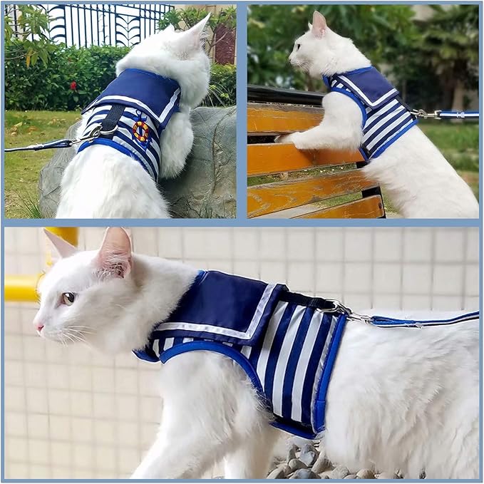 Cat Harness and Leash for Walking Escape Proof, Adjustable Cat Vest Harness, Padded Stylish Cat Walking Jackets, Sailor Suit Navy, Medium