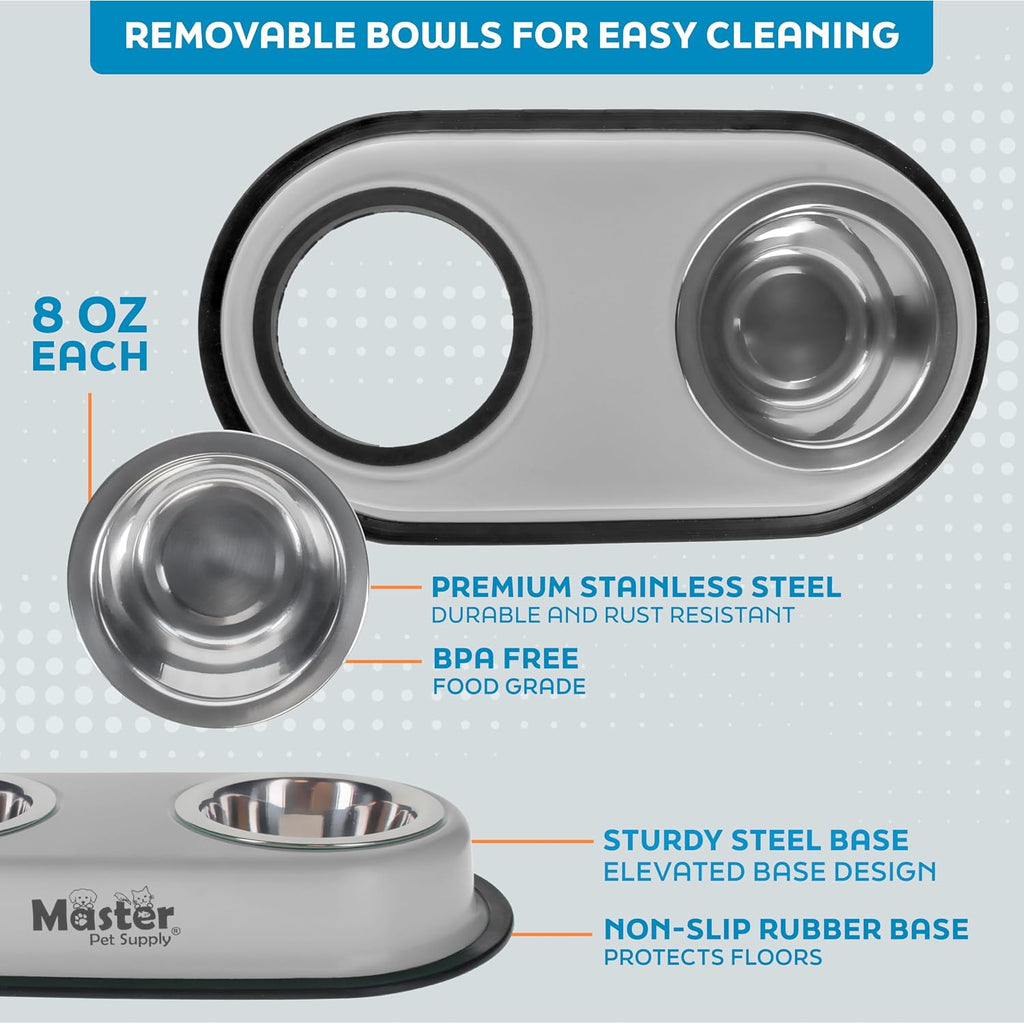 Master Pet Supply Double Dog Bowls Set with Elevated Base and 2 (8 oz) Stainless Steel Removable Dishes (Light Gray) – Double Cat Food Water Bowl, Dog Puppy Food Bowl Set, Rust Resistant