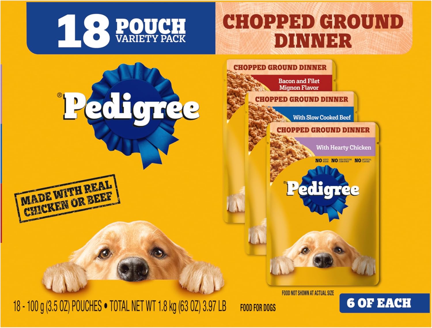 Pedigree Chopped Dinner Wet Dog Food Pouch, Variety Pack, 3.5 oz, 18 Count | Chicken, Beef, Bacon & Filet Mignon, no added sugar, no artificial flavors, serve as topper or complete meal, steam cooked