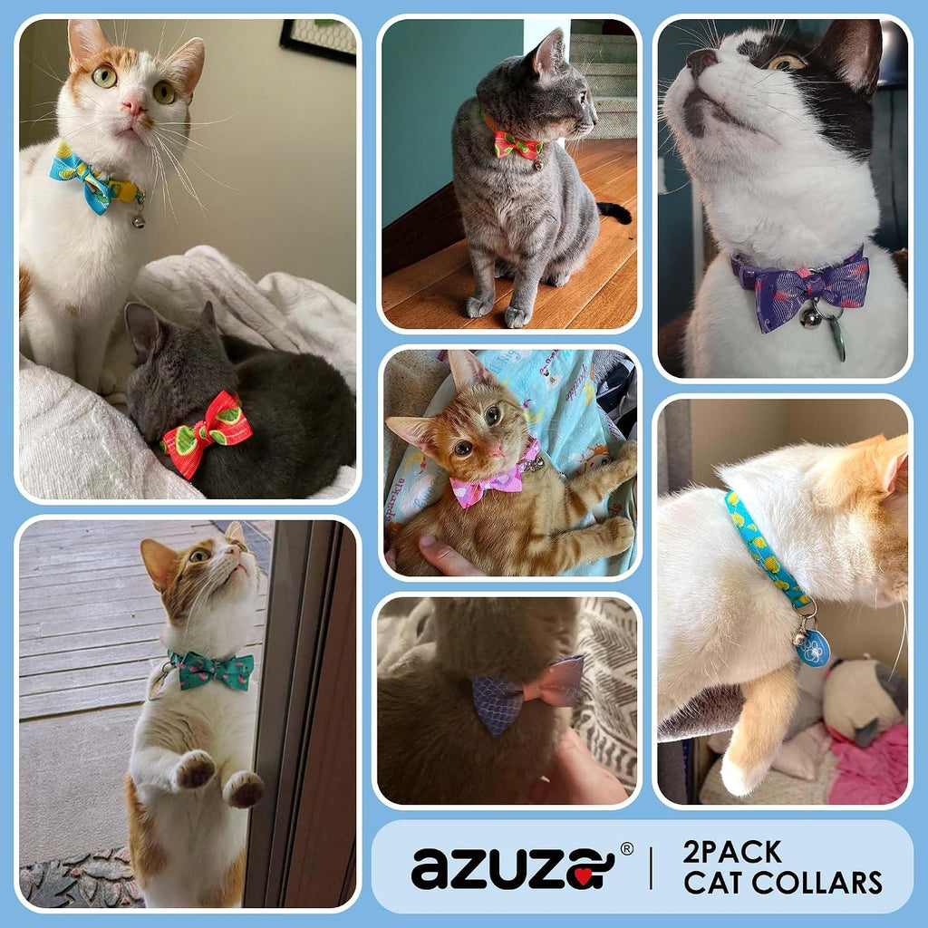 azuza 2 Pack Cat Collars with Bells, Safety Breakaway Buckle, Cute Fruits | Safety Breakaway Buckle, Removable Bell, 2 Pack Fruits Bowtie Design, Soft Nylon Material, Adjustable Fit for Boy Gir Cats