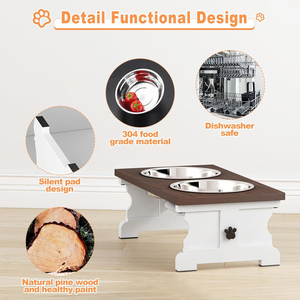 Piskyet Elevated Dog Bowls,Dog Bowl Stand, 3.5Cups6''H_30 oz Bowl-Farmhouse | Farmhouse Dog Bowls Stand, Raised Dog Bowl with 2 Stainless Steel Wooden Dogs Bowls for Small Size Dogs