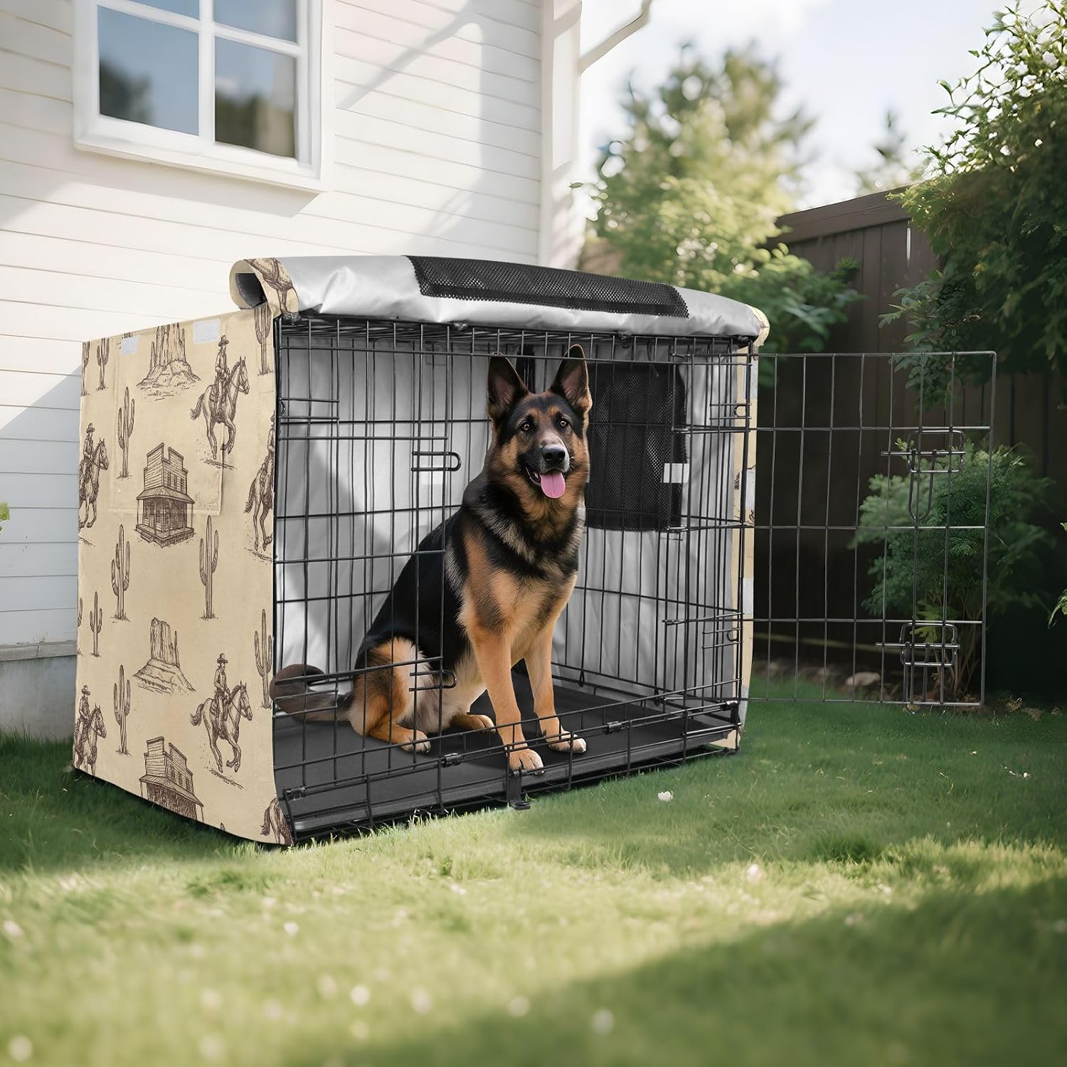 Duty 600D Silver Coated Dog Crate Cover, Water-Resistant Western Cowboy Pet Kennel Canopy with Mesh Windows for Optimal Ventilation, Universal Fit for Standard Wire Cage, Indoor & Travel