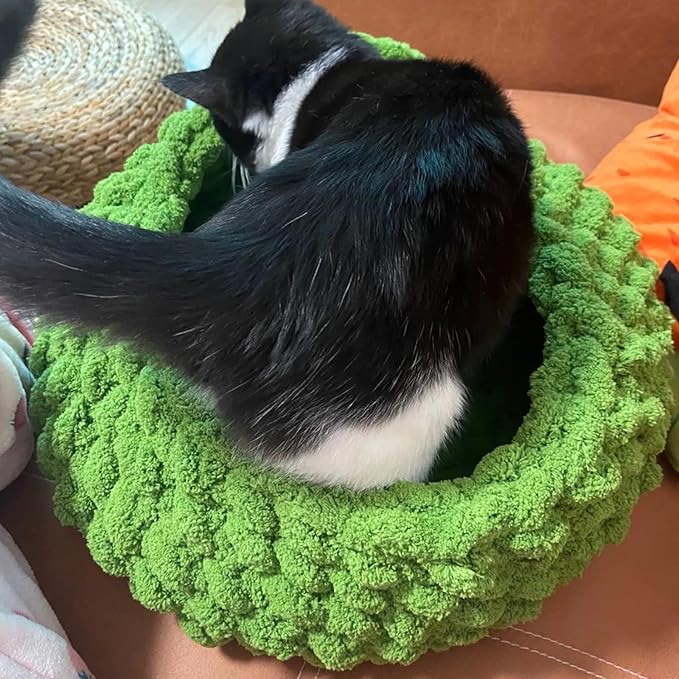Cat Nest Bed - Premium Self Warming Handwoven Washable Extra Soft Round Cave House for Indoor Kitten & Kitty, Small & Large (DGreen,Medium)