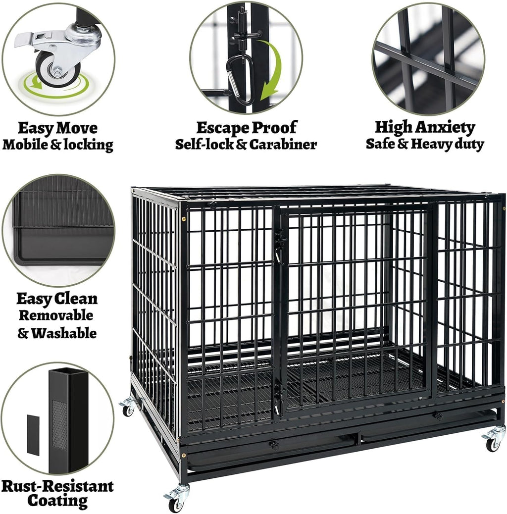 Heavy Duty Large Dog Crates for Large Dogs with Wheels, 47 Inch Metal Wire Stackable Dog Crate Cage with 2 Removable Trays, Multi Locks, Chew Proof Escape Proof Dog Kennel Indoor