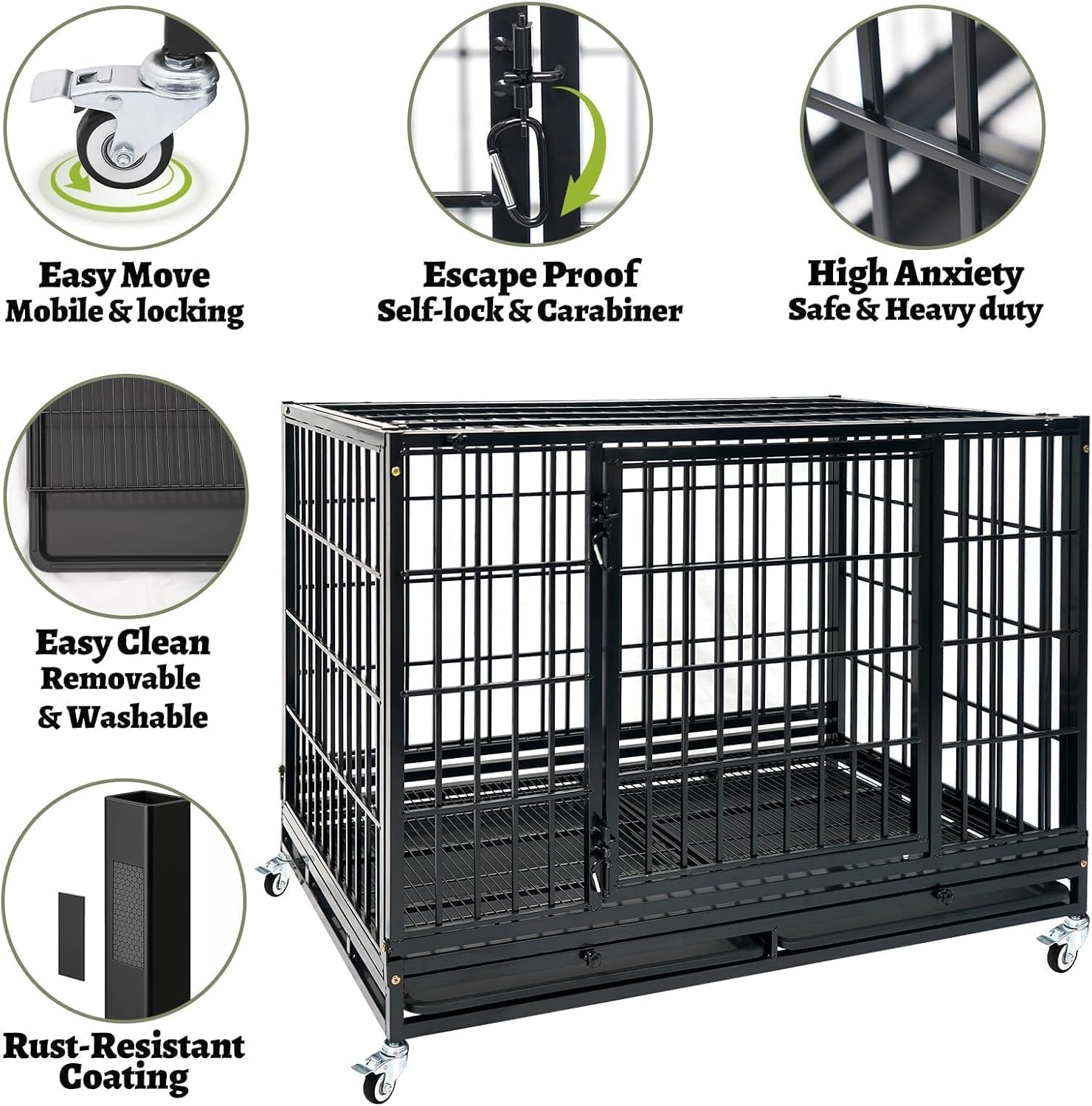 Heavy Duty Large Dog Crates for Large Dogs with Wheels, 47 Inch Metal Wire Stackable Dog Crate Cage with 2 Removable Trays, Multi Locks, Chew Proof Escape Proof Dog Kennel Indoor