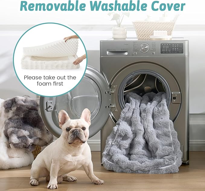 Self Warming Dog Bed for Large Size Dog, Faux Fur Orthopedic Puppy Sofa with Washable Removable Cover, Bolster Orthopedic Egg Crate Foam Bed for Pet Up to 100 lbs, XL 44x32x7 inch, Beige