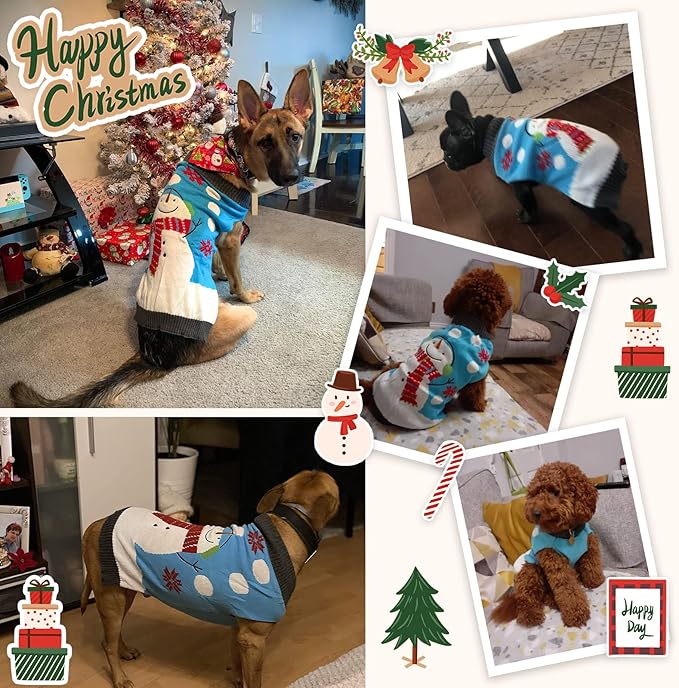 Pet Christmas Dog Sweaters Cute Animal Snowman Printed Puppy Xmas Costumes Winter Warm Turtleneck Jumpers Puppy Knitted Clothes Cat Outfits (XL, Blue Snowman)