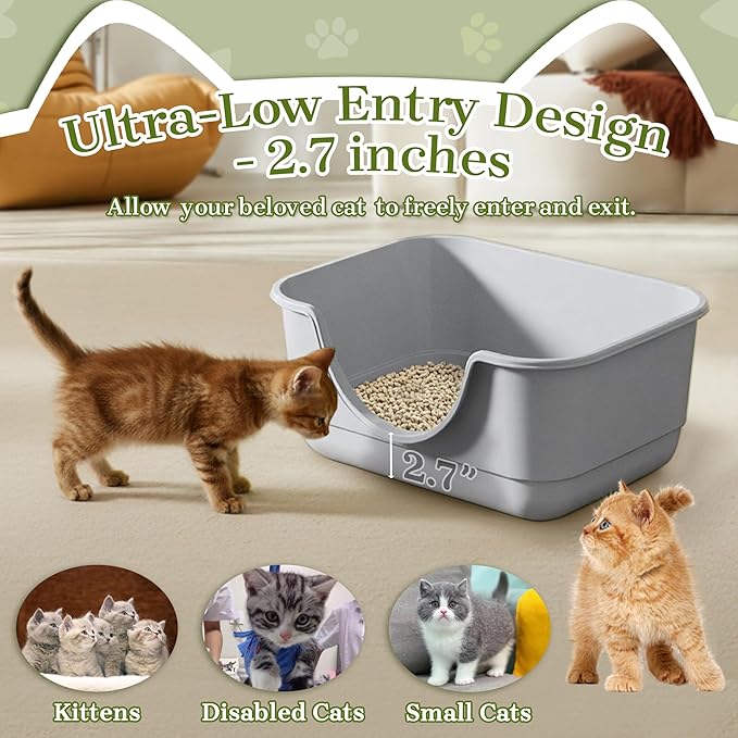 Low Entry Small Litter Box for Kittens, Kitty Plastic Litter Boxes, Open Top, Anti-Splash High Sided Litter Tray Pan for Medium Pets, Puppy, Easy to Clean, 15.7" L*11.8" W*6.7" H (Grey)