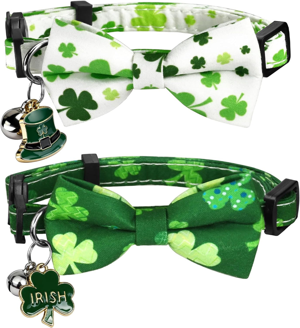 2 Pack Shamrocks Cat Collar Breakaway with Cute Bow Tie Bell Charm, Green Lucky Clover St Patricks Day Holiday Collars for Girl Boy Cats Kittens with Adjustable Safety Buckle