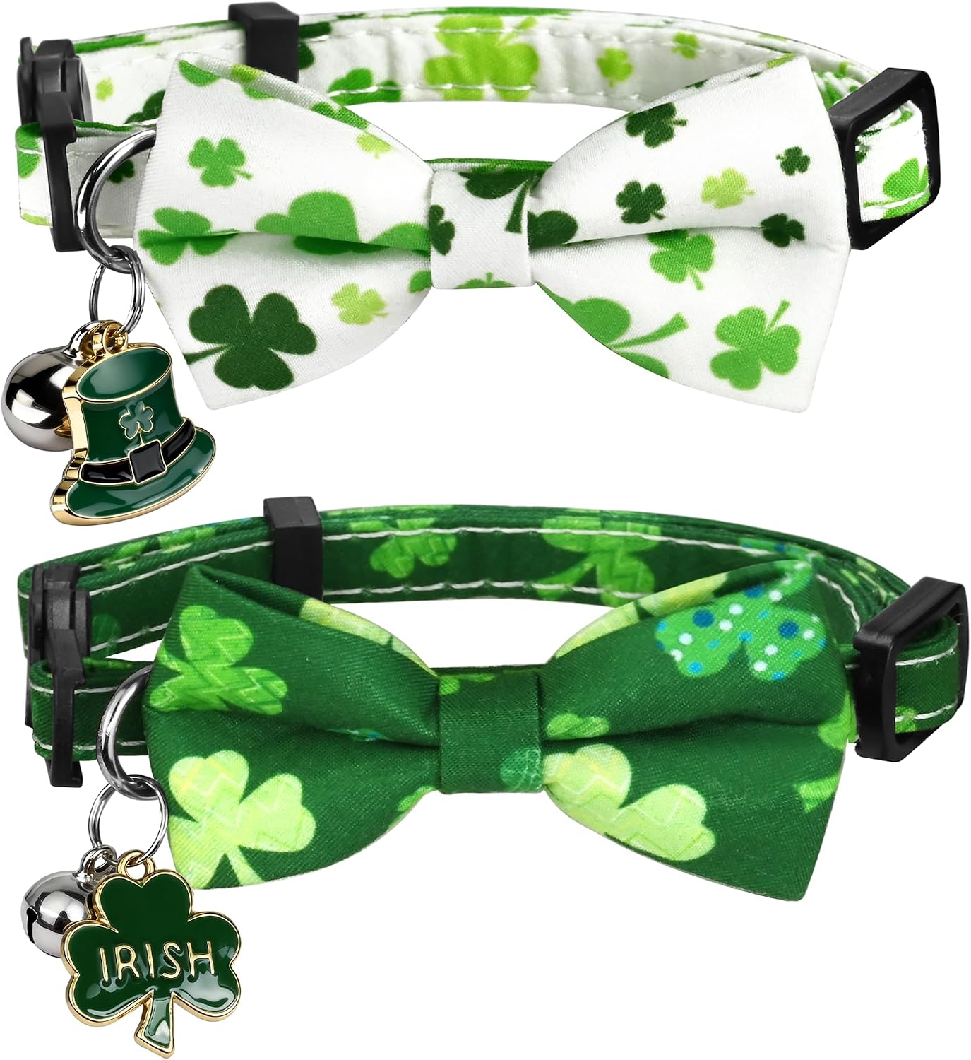 2 Pack Shamrocks Cat Collar Breakaway with Cute Bow Tie Bell Charm, Green Lucky Clover St Patricks Day Holiday Collars for Girl Boy Cats Kittens with Adjustable Safety Buckle