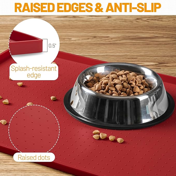 Hubulk Dog Feeding Mat,100% Waterproof BPA Free Silicone Pet Food and Water Bowl Placemat,Dishwasher, High Raised Edge to Prevent Spills,Nonslip Tray to Stop Messes on Floor (19"x12"x0.5", Red)