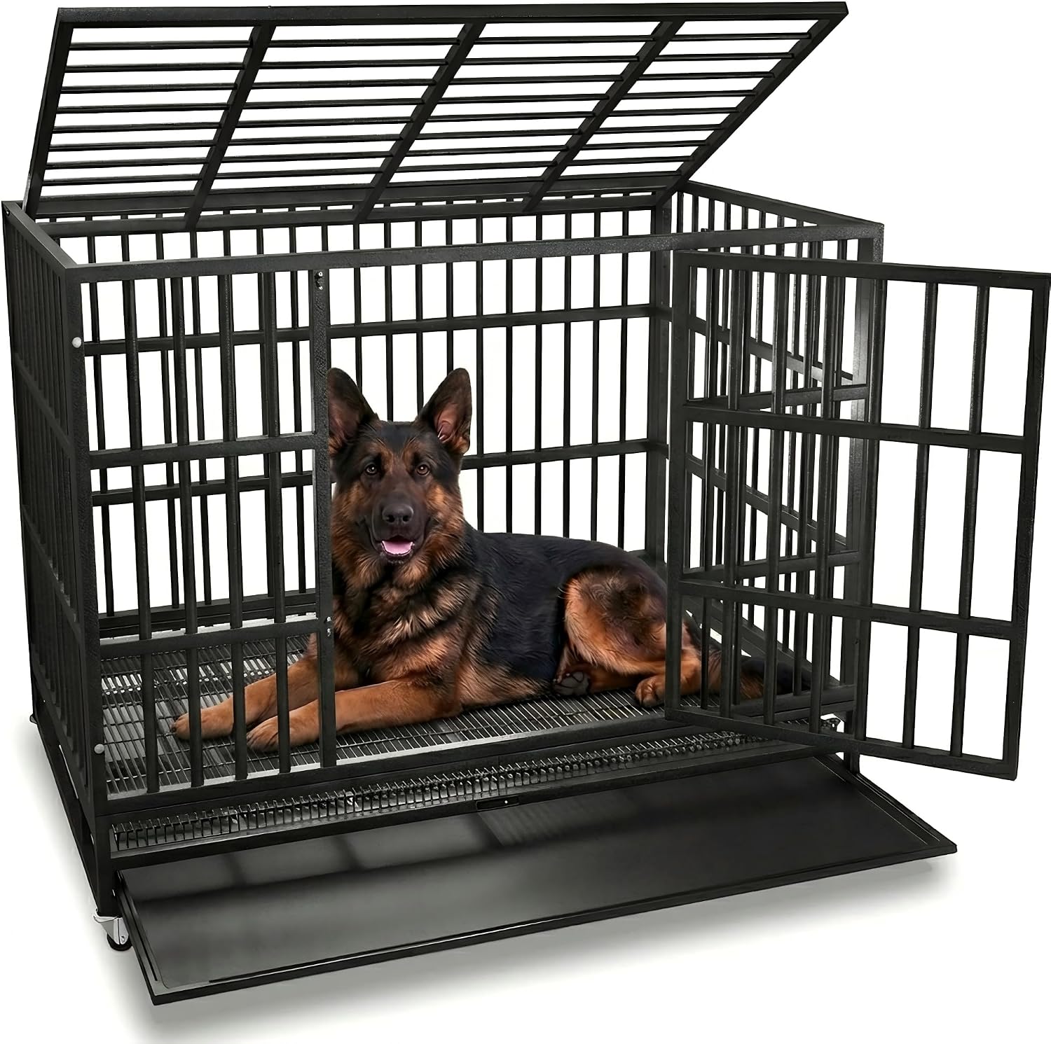 Oranland 48-Inch Heavy Duty Dog Crate for Large Dogs | Indestructible Dog Cage with Escape-Proof Lock,Double Doors,Secure Locks,Removable Wire Tray for High Anxiety Dogs