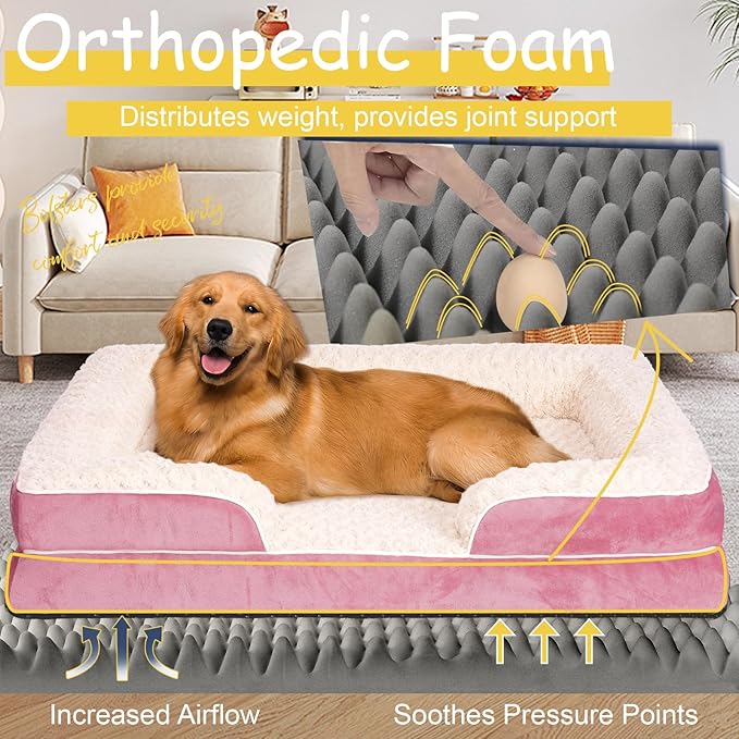 Orthopedic Dog Bed for Large Medium Sized, Washable Memory Foam Large Dog Bed, Durable Medium Pet Sofa with Removable Cover, Washable Waterproof Pet Couch Beds(Pink, XXL)
