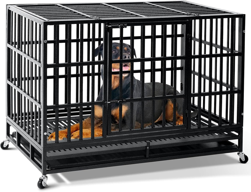 WOKEEN 48 inch Thick Flat Tube Heavy Duty Dog Crate Cage Kennel with Wheels, Crate for Large Dogs with Upgrade Tray, Double Door and Sturdy Locks for High Anxiety Dogs, Indestructible Dog Crate BLACK