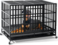 WOKEEN 48 inch Thick Flat Tube Heavy Duty Dog Crate Cage Kennel with Wheels, Crate for Large Dogs with Upgrade Tray, Double Door and Sturdy Locks for High Anxiety Dogs, Indestructible Dog Crate BLACK