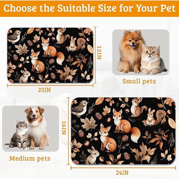 Cute Squirrel Dog Cat Food Mat,Bird Fox Absorbent Waterproof Placemat for Food and Water Non Slip Rubber Backing Durable Feeding Pad for Clean Floors 12" x 20"