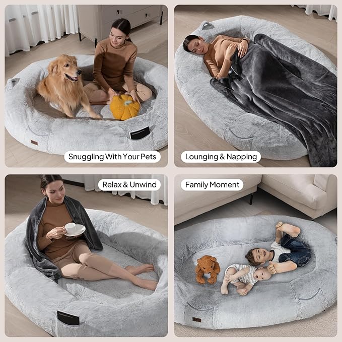 Human Dog Bed for Adults, 74"x50"x12" Giant Memory Foam Bed for Ultimate Comfort, Waterproof & Machine Washable Cover with Storage Pocket, Ideal for Sleep and Nap, Light Grey