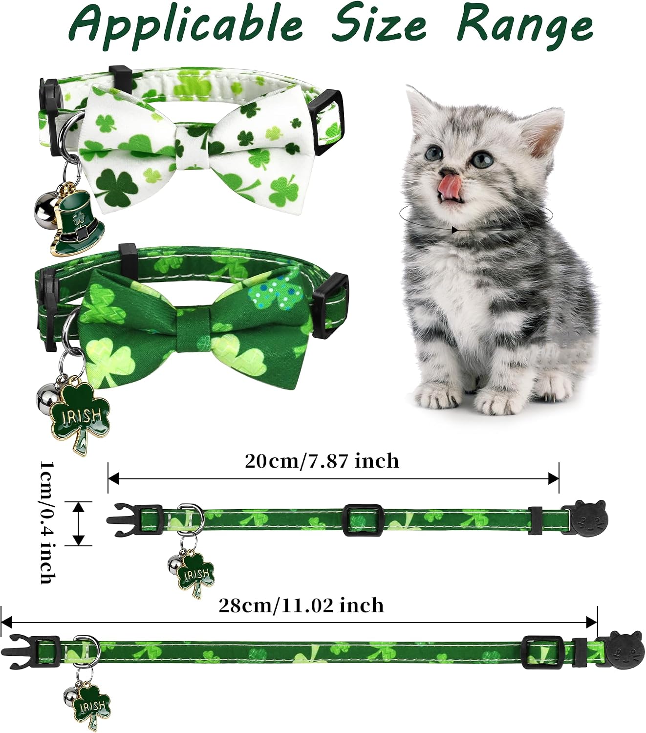 2 Pack Shamrocks Cat Collar Breakaway with Cute Bow Tie Bell Charm, Green Lucky Clover St Patricks Day Holiday Collars for Girl Boy Cats Kittens with Adjustable Safety Buckle