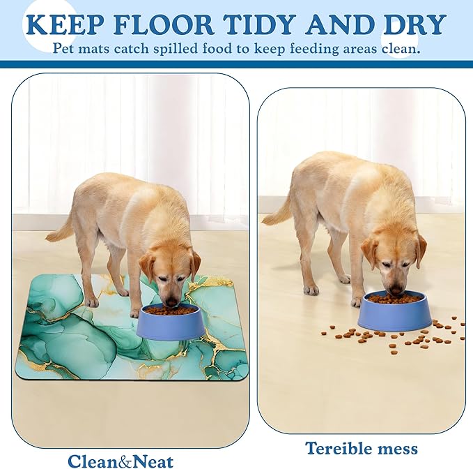 Green Marble Pet Feeding Mat for Floors–Christmas Stocking Absorbent Quick Dry Dog Cat Bowl Mat for Food and Water, Non Slip Waterproof Base, Mess-Free Feeding Accessories 16"x24"
