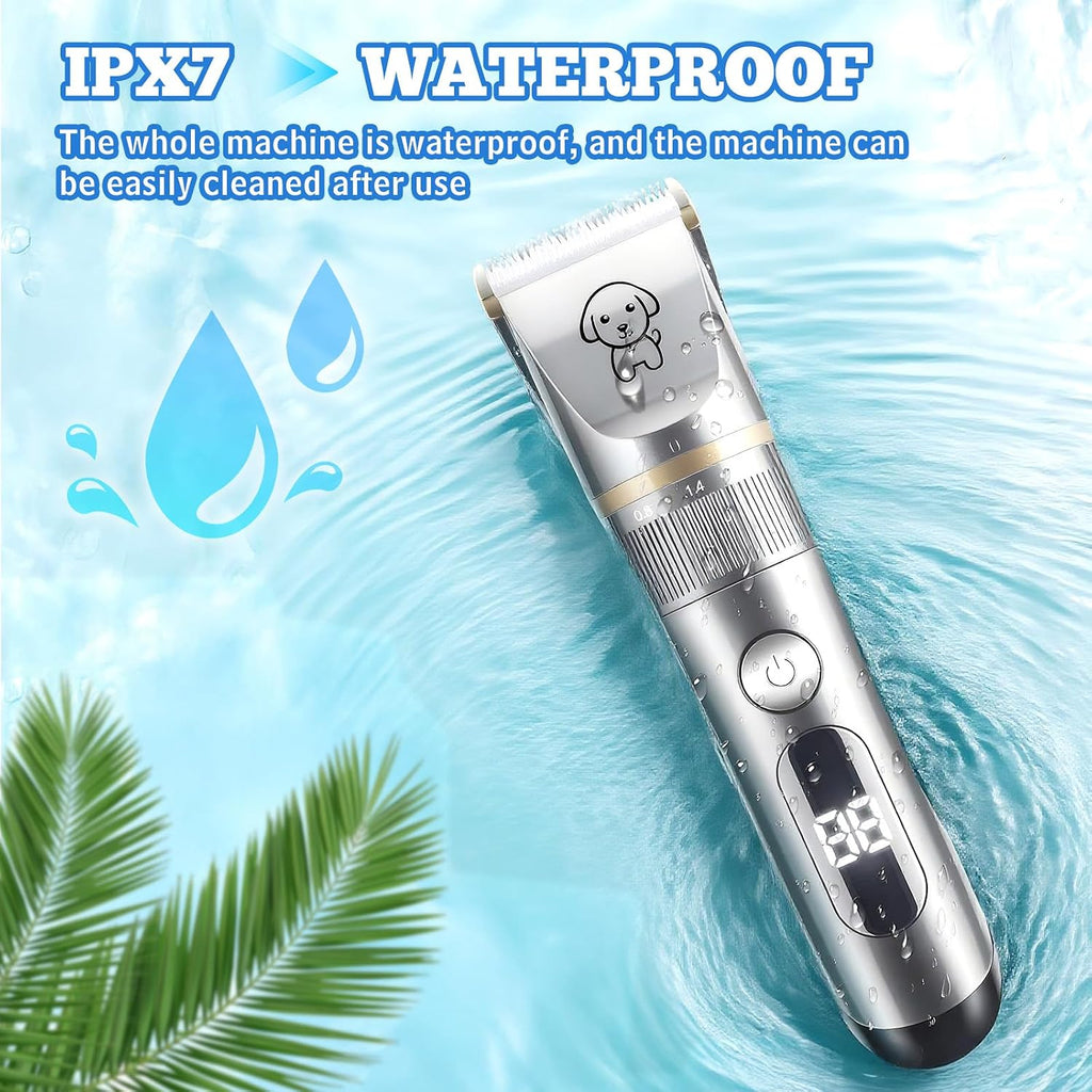 Dog Clippers Grooming Kit for Heavy Thick Coats Dog Cat Pet | Low Noise, Rechargeable Cordless, Long Battery, LCD Display, Simple for Beginners, 4 Guide Combs, IPX7 Waterproof, Detachable