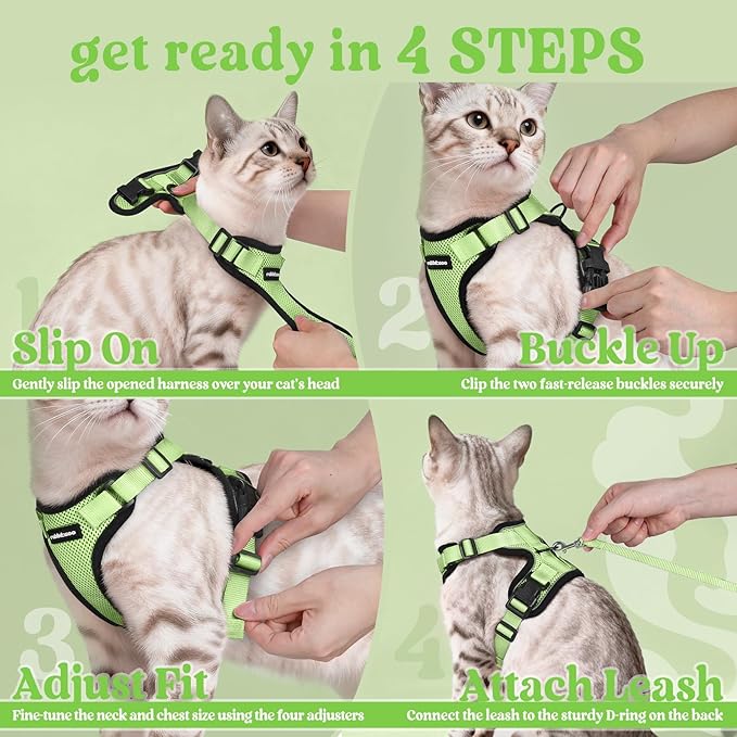 rabbitgoo Cat Harness and Leash for Walking, Escape Proof Soft Adjustable Vest Harnesses for Cats, Easy Control Breathable Reflective Strips Jacket, Light Green, XXS