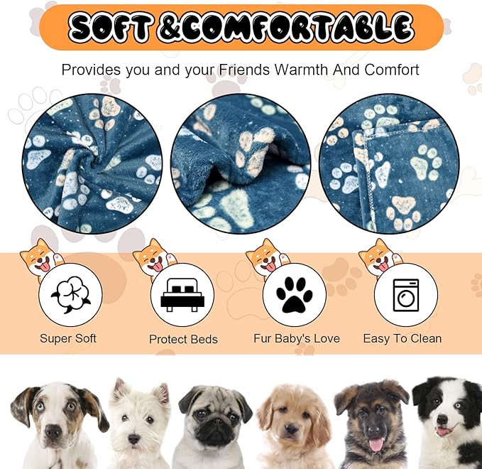 Rezutan 1 Pack 3 Premium Blankets for Large & Medium Dogs - Super Soft Fluffy Pet Blanket Throw for Puppies & Cats, Navy Blue Paw Blanket Suitable for Dog Kennel Crate Bed(41x31 Inch)