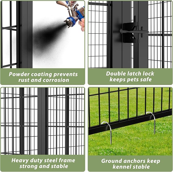 LOVMOR Outdoor Dog Kennel with Roof, Heavy Duty Steel Dog Run Enclosure for Large Dogs, Waterproof Canopy, Double Latch Door, Adjustable Feeding Bowls, Pet Pen for Yard and Patio, 10’L x 10’W x 6.5’H