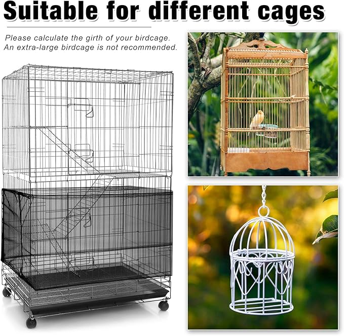 3 Pieces Large Adjustable Bird Cage Cover Seed Feather Catcher Birdcage Nylon Mesh Net Cover Soft Skirt Guard for Parakeet Macaw African Round Square Cage (78 x 15 Inch in Circumference and Width)