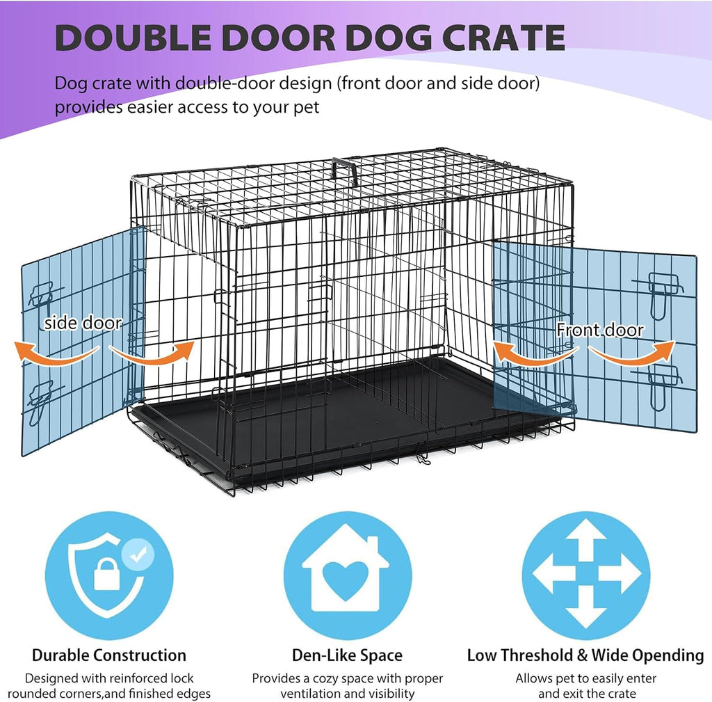 BestPet | Dog Crate | 48" | Black | Foldable Metal Kennel with Double Doors | Secure Slide-Bolt Latches, Leakproof Tray | Portable Dog Cage for Large Breeds | for Travel, Indoor & Outdoor Use