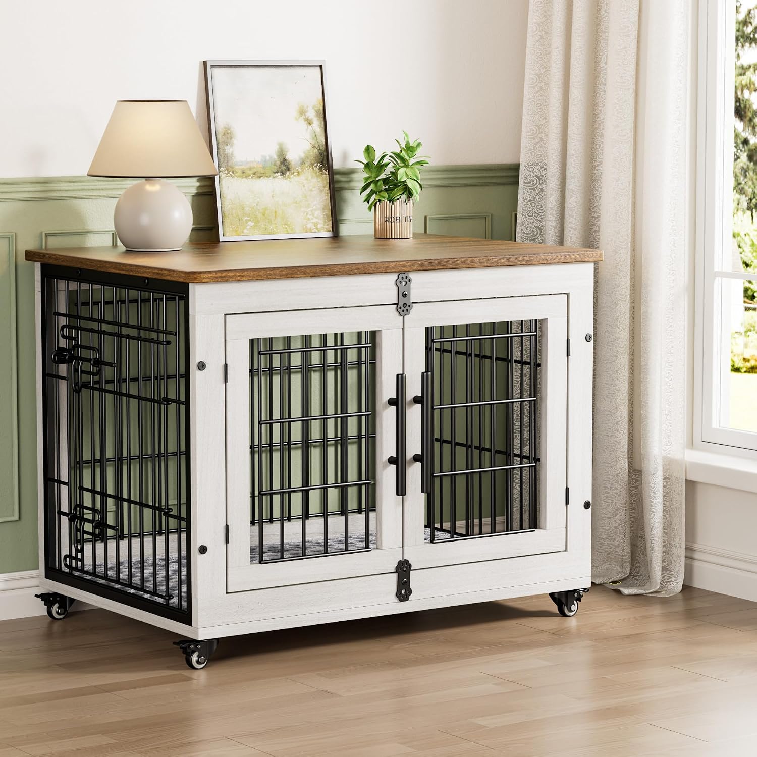 Medium Dog Crate Furniture, 32'' Heavy Duty Kennel w/Cushion & Wheels | White, Double Doors, Wooden Dog Cage, Chew-Resistant, End Table, Decorative, 27"/32"/38"/44" Options, Indoor