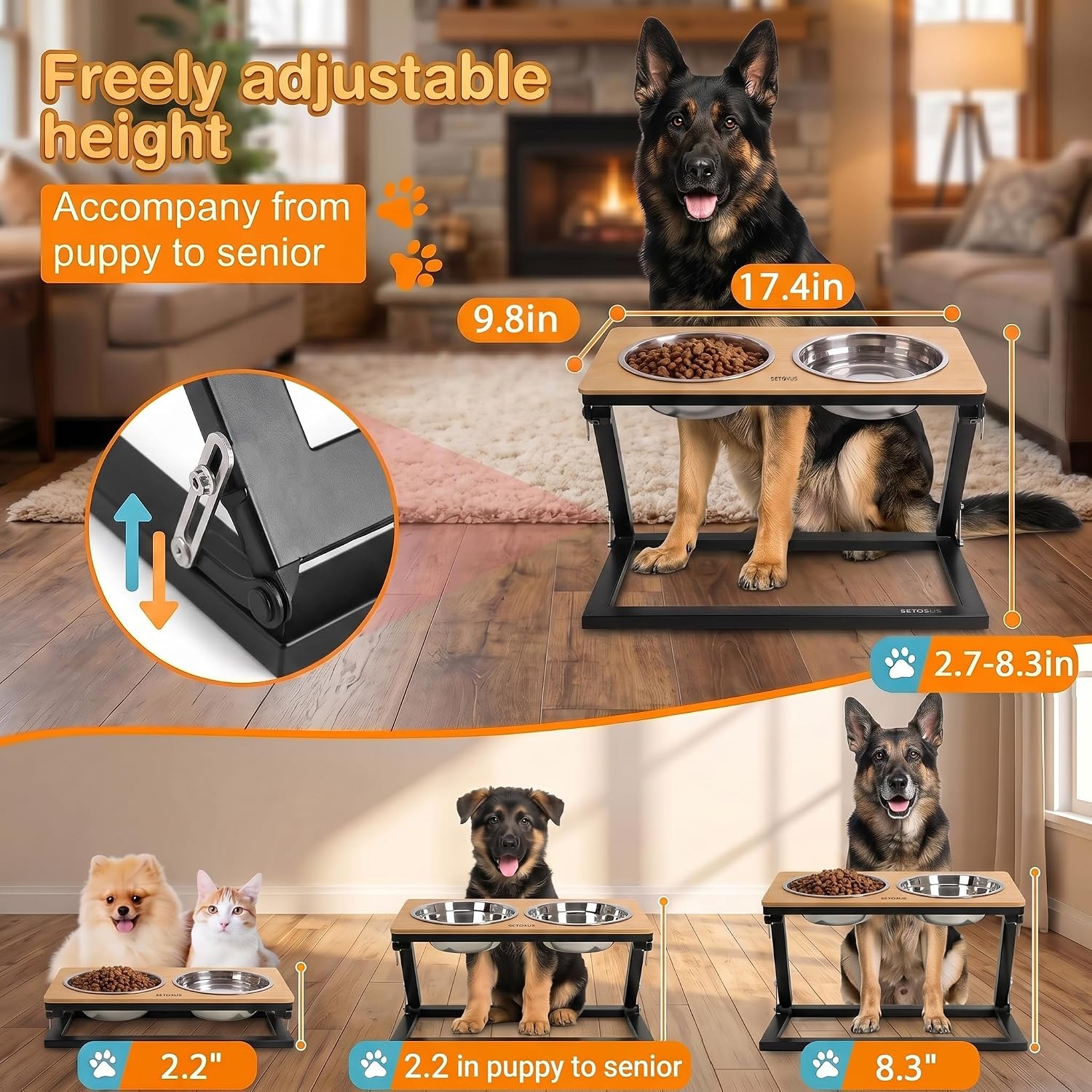 Elevated Dog Bowl, Adjustable Height and Tilt Angle Dog Bowl Stand | Precisely Adjust Height And Tilt Angle, Easy To Clean, Equipped With 2 Stainless Steel Food Bowls, Sturdy And Durable.
