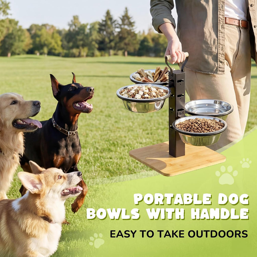 Elevated Dog Bowls Stand - 4 Heights Raised Dog Bowl Large Sized Dog - Dog Feeding Station - Dog Food and Water Bowl Set with Portable Handle - Suitable for Multi-Dog Feeding