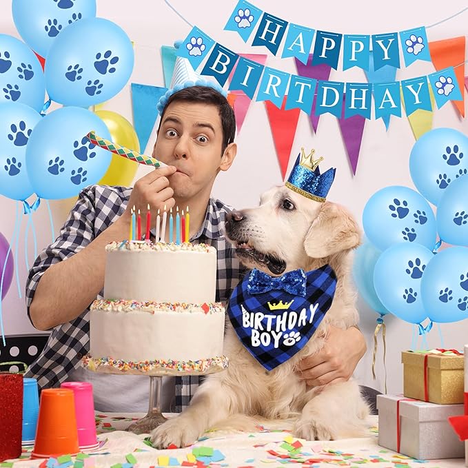 Dog Birthday Party Supplies, Dog Birthday Hat Bandana Scarf with Cute Bow Tie, Flag, Balloons for Small Medium Dogs Pets, Doggie Party Supplies Decorations