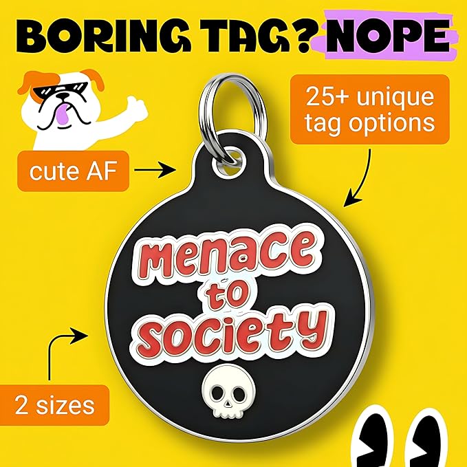 Bad Tags Personalized Dog and Cat ID Tags in 25+ Designs and 2 Sizes - 5 Lines of Custom Engraved Text - Funny Cute Personalized Pet Tags (Menace to Society, Small (1 inch))
