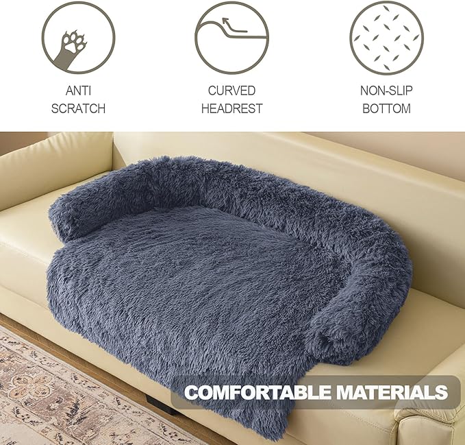 Calming Dogs/Cats Bed Mats, Dog Pad Washable Removable Couch Cover, Plush Long Fur Mat for Pets, Waterproof Lining, Perfect for Small, Medium and Large Dogs and Cats (Navy Blue, 34"x30")
