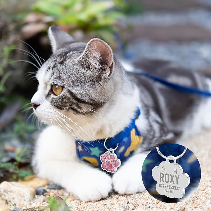 EDSG Cat Dog Tags Personalized for Pets, Dog Name Tags Cat Name ID Tag, Engraved Dog Tags Dog ID Tags Small Glitter Bling ID Tag Paw Print for Cat Pet Dog Puppy(Pink,Design 4)