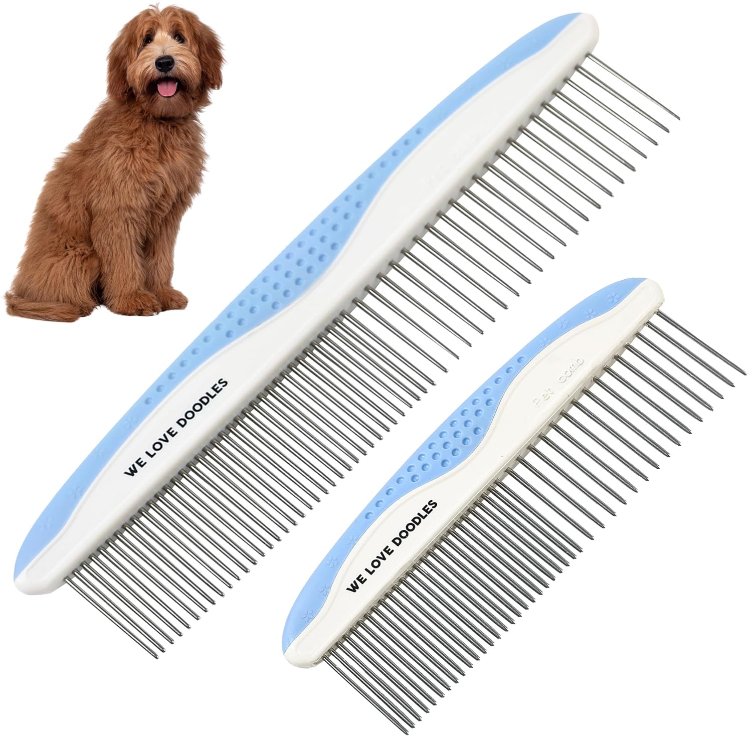 Metal Comb for Dogs, Dog Grooming Detangler Combs For Matted Hair, 2 Pack | Best Comb for Golden Doodles & Poodles, For Dematting & Detangling Pets And Cats, Fine Tooth Stainless Steel Greyhound Comb