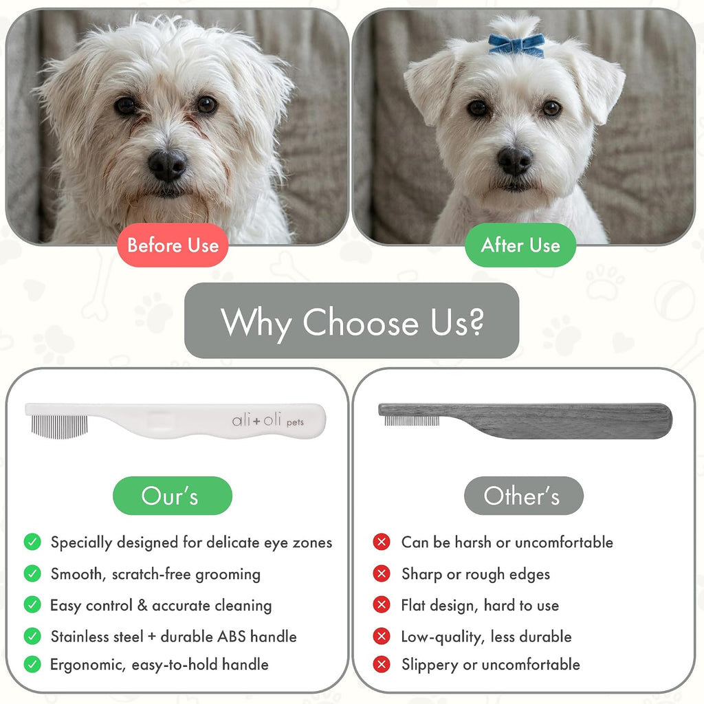 Ali+Oli Pets Eye Comb for Dogs & Cats – Fine Tooth Tear Stain Remover Comb – Pet Face Grooming Comb for Removing Eye Gunk, Debris & Tear Stains