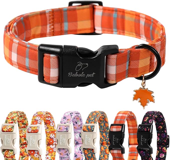 Fall Dog Collar Cute Orange Plaid Puppy Collar - Light Comfortable Adjustable Pet Collars for Small Medium Large Girl Boy Dogs XL