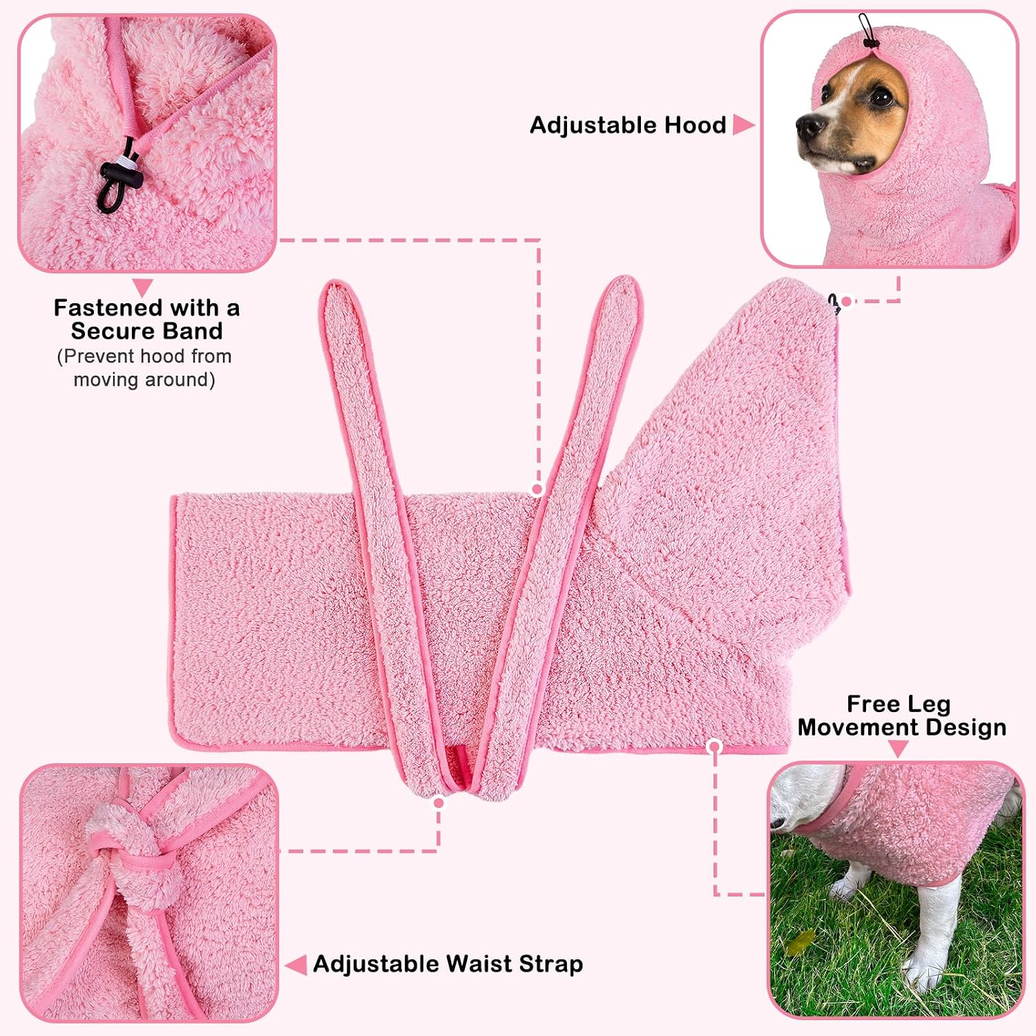 Bienbee Soft Dog Bathrobe，Super Absorbent & Quick-Drying Dog Robe with Hood, Cozy Drying Coat for After Bath, Pink XL