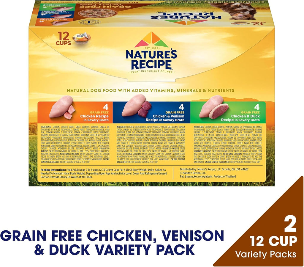 Nature’s Recipe Grain Free Chicken Recipe, Chicken & Venison Recipe and Chicken & Duck Recipe in Savory Broth Variety Pack Wet Dog Food, 12-2.75 oz. Cups, 2 Count