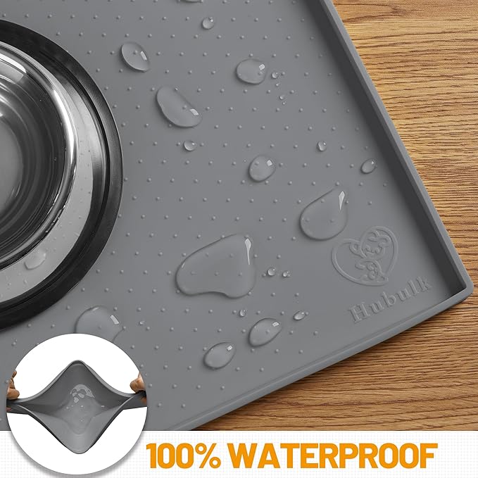 Hubulk Dog Feeding Mat,100% Waterproof Food Grade Silicone Pet Food and Water Bowl Placemat,Dishwasher, High Raised Edge to Prevent Spills,Nonslip Tray to Stop Messes on Floor (19"x12"x0.5", Grey)
