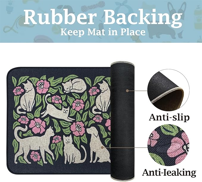 SHIYUE Dog Food Mats for Floors, Absorbent Cat Bowl for Food and Water, Non-Slip Accessories Pet Supplies(16"x24",Black Animal Flower)