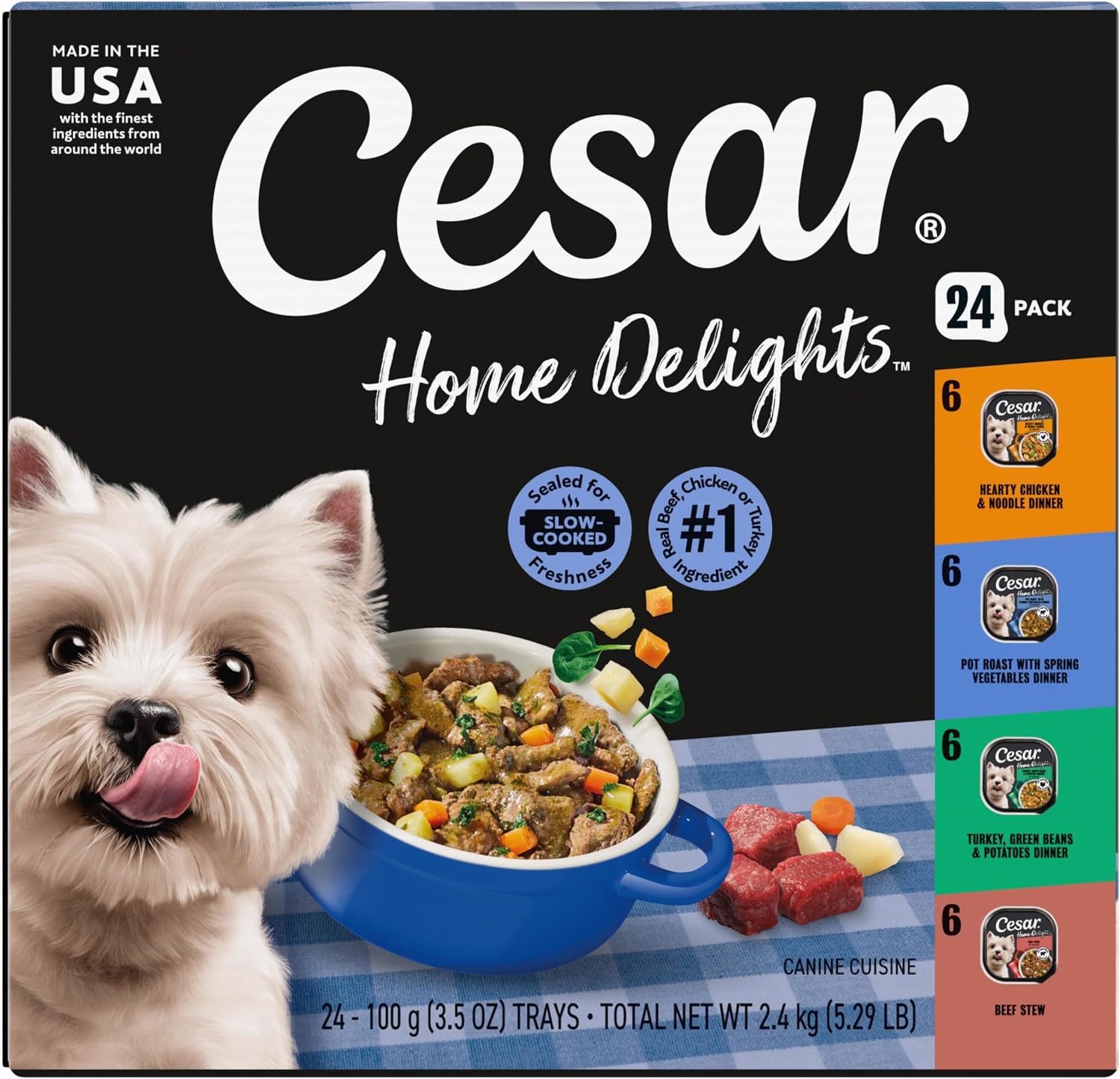 Cesar Home Delights Wet Dog Food, Dinner and Stew Variety, 3.5 oz, 24 Count | Real meat #1 ingredient, no fillers, no added sugar, no artificial flavors, complete & balanced, easy peel trays