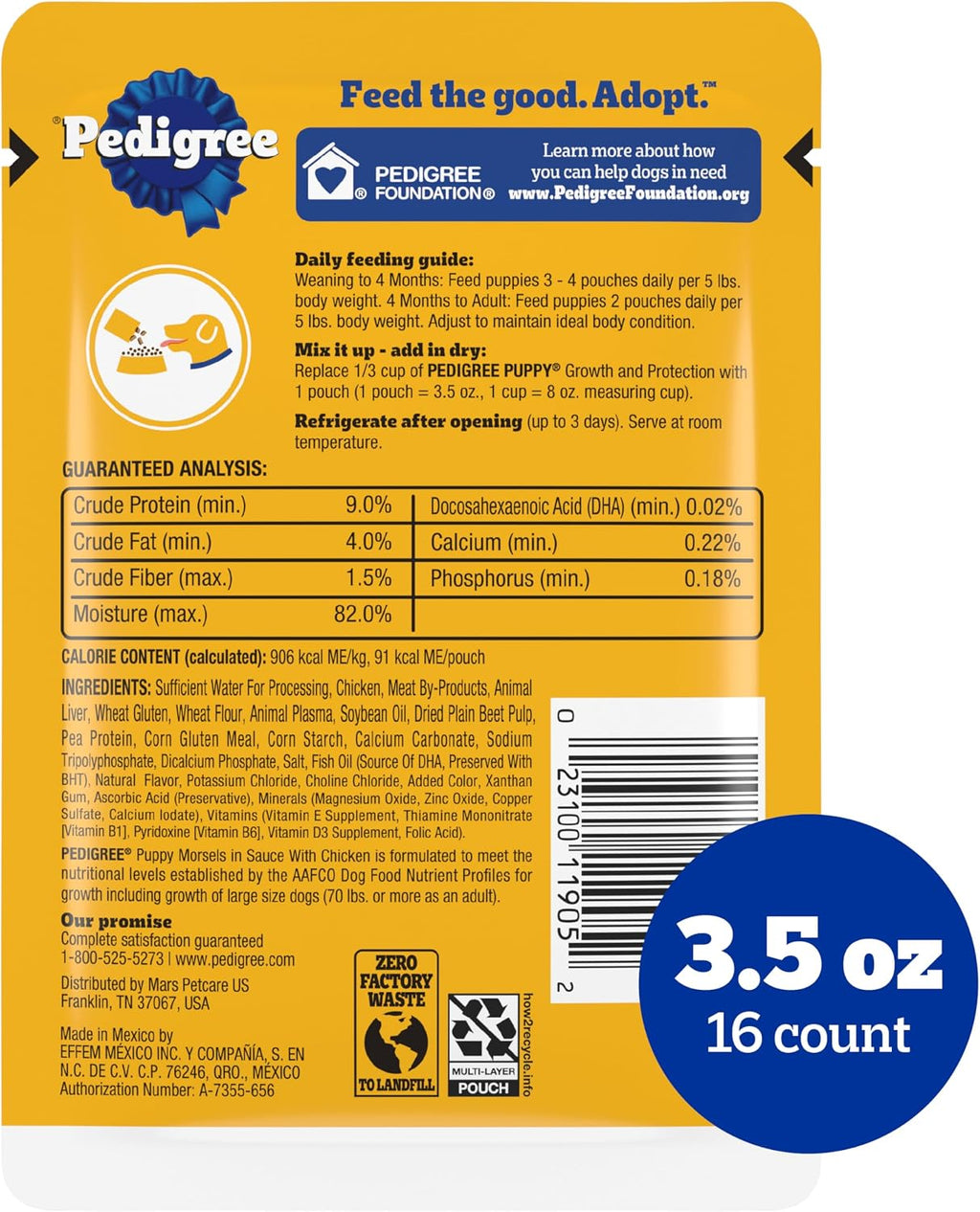 Pedigree Puppy Morsels Wet Dog Food Pouch, Chicken, 3.5 oz, 16 Count | Steam cooked, high quality animal protein, DHA brain support, calcium for teeth & bones, topper or complete meal