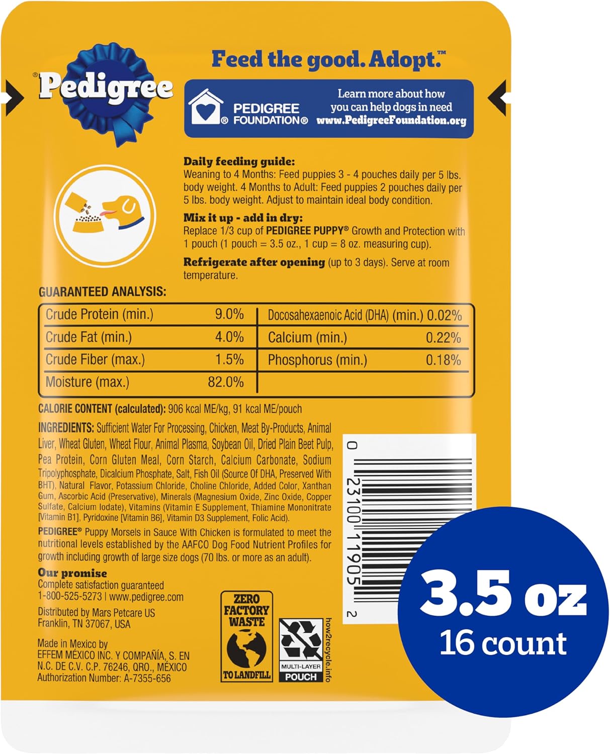 Pedigree Puppy Morsels Wet Dog Food Pouch, Chicken, 3.5 oz, 16 Count | Steam cooked, high quality animal protein, DHA brain support, calcium for teeth & bones, topper or complete meal